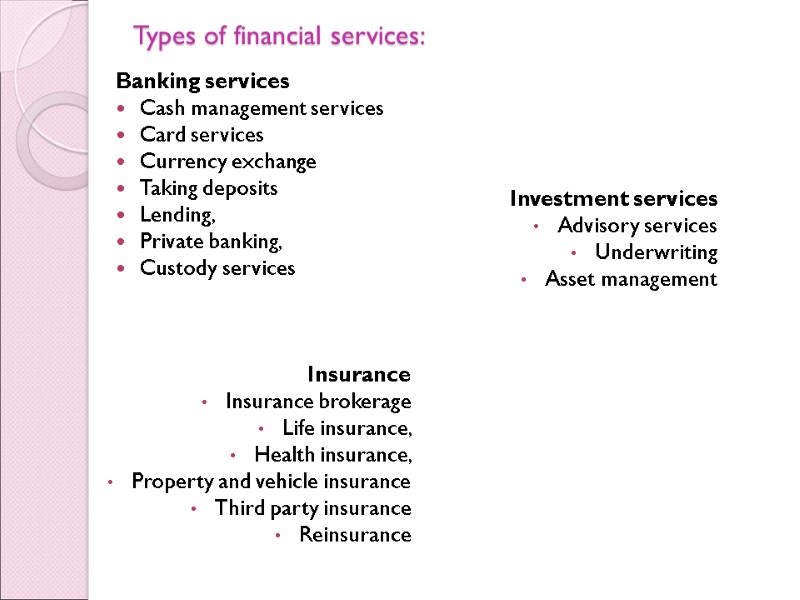 Types of financial services: Banking services Cash management services Card services Currency exchange Taking